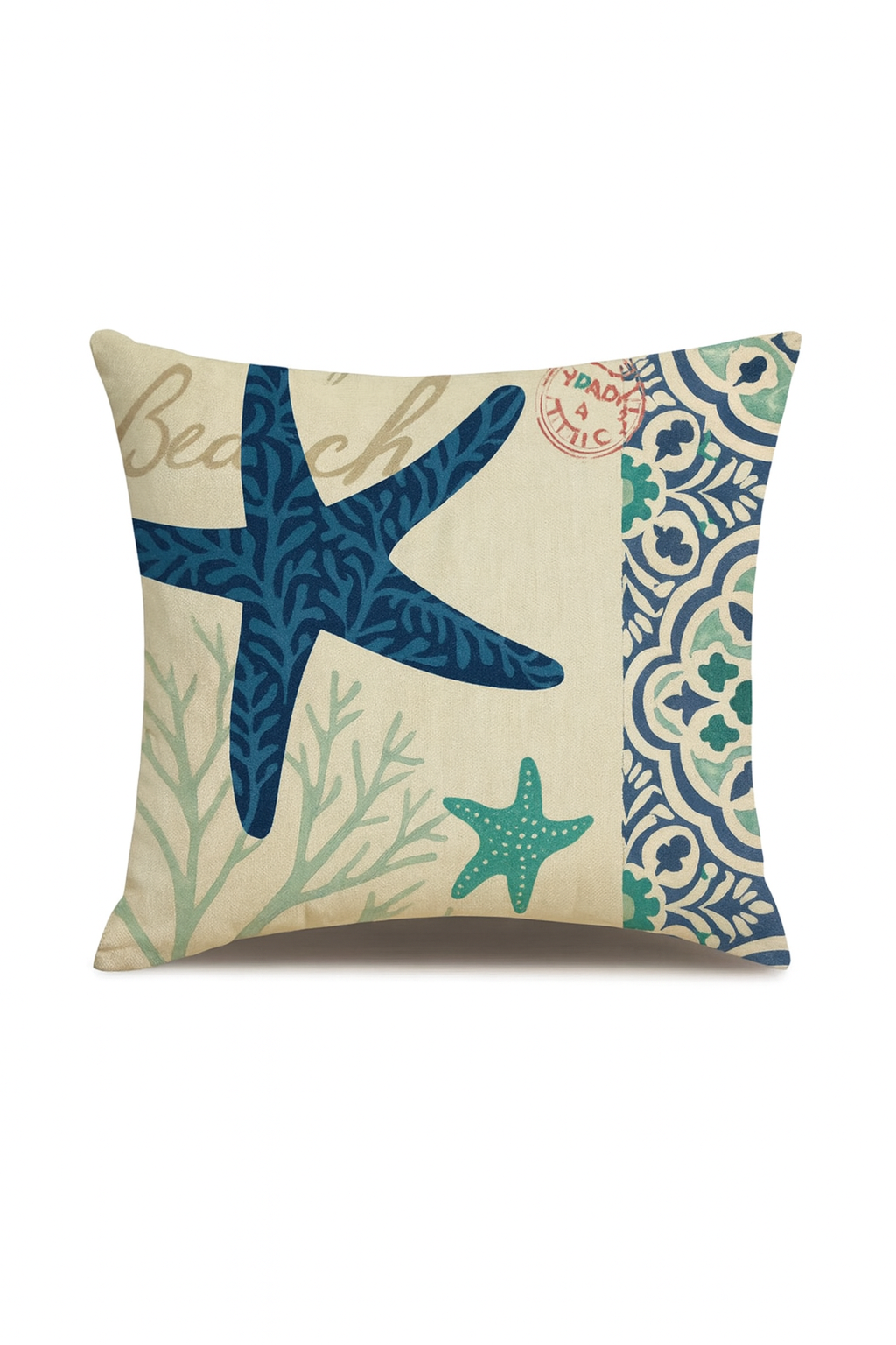 Cotton linen cushion cover with blue starfish and coral print, ocean inspired 45x45cm decorative pillow cover for coastal decor.