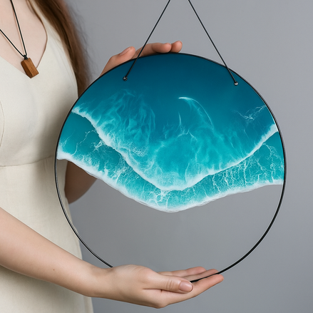 Round acrylic wall pendant with ocean wave design, held in hands – coastal wall art décor.
