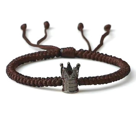 Luxury Braided Crown Bracelet – Adjustable Alloy Rope Bracelet with Diamond Detailing, Unisex Hand Rope for Men and Women (Black & Brown, Gold & Silver Accents)