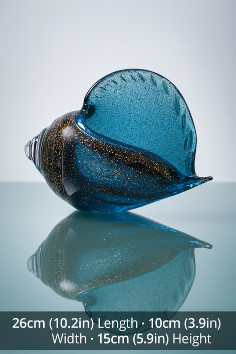 Hand-blown blue glass conch with golden details displayed on reflective surface, decorative ocean-inspired sculpture with size dimensions shown (26cm x 15cm x 10cm).