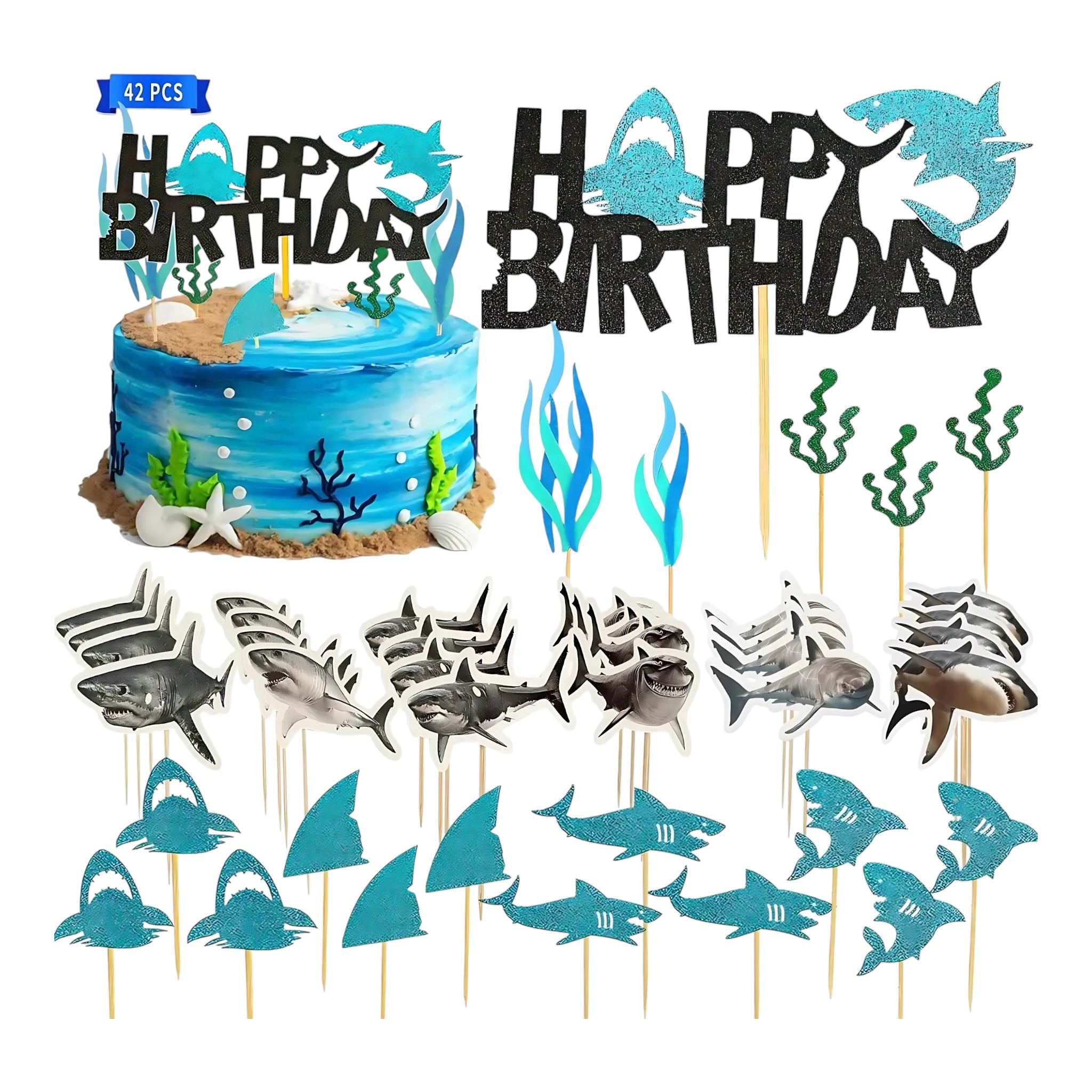 Wootkey 42pcs Shark Cupcake Toppers Set Glitter Shark Fins And Happy Birthday Under The Sea Theme by Wave & Hang