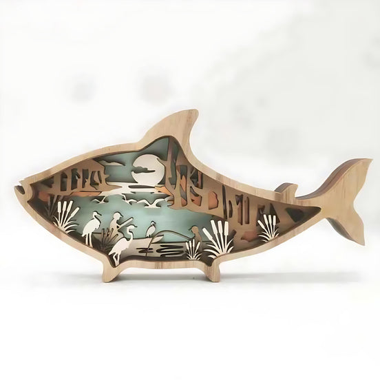 Wooden Fish Carving – Creative Ocean Art Desktop & Shelf Decor by Wave & Hang