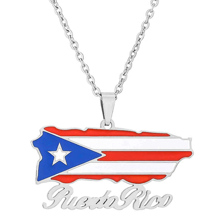 Puerto Rico Map Pendant Necklace – Stainless Steel Puerto Rican Flag Jewelry for Men & Women | 316L Steel Chain, Patriotic Gift