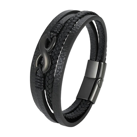 Men’s Digital 8 Multi-Layer Leather Bracelet – Modern Braided Rope Wristband with Magnetic Clasp in Gold, Black & Silver