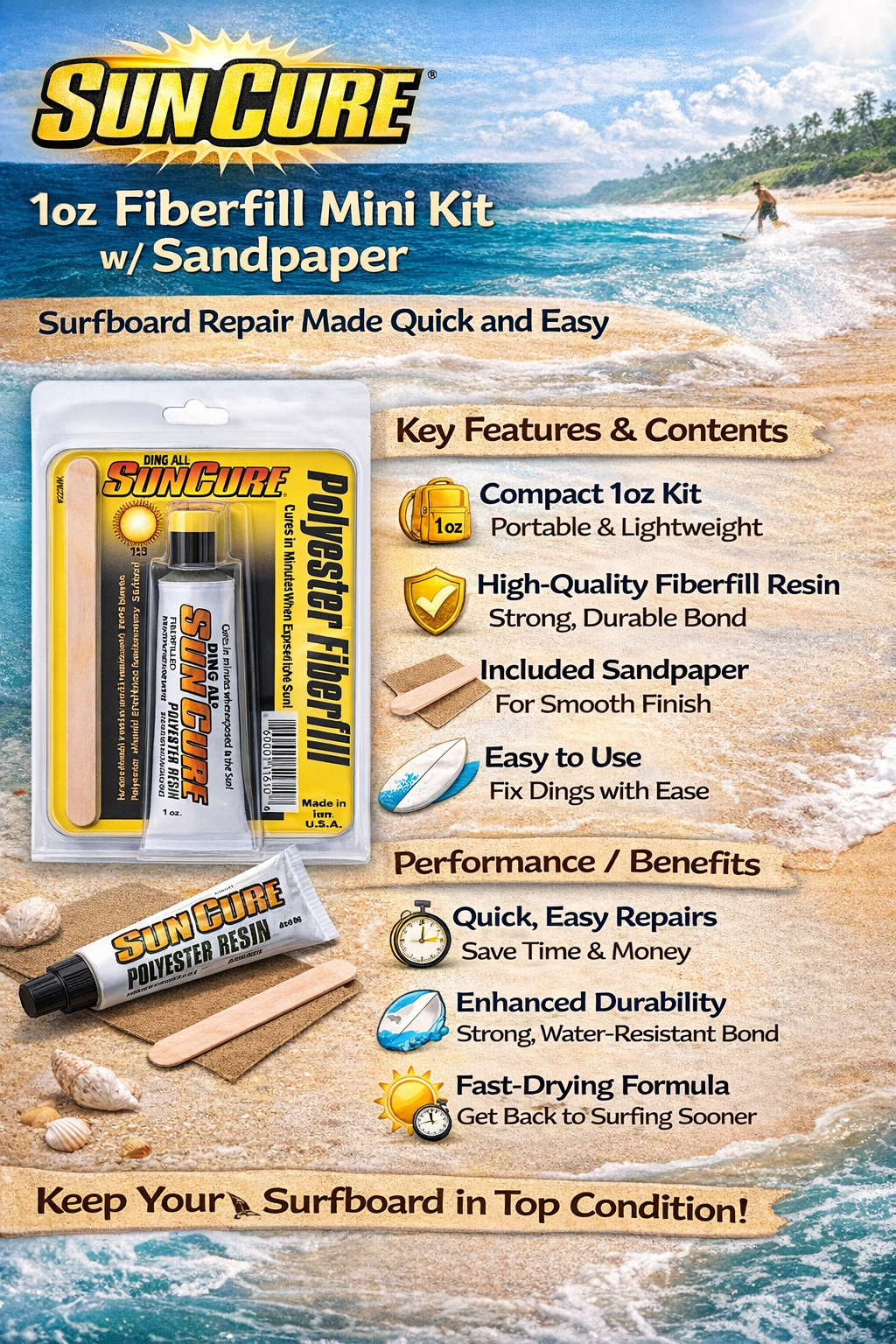 Sun Cure 1oz Fiberfill Mini Kit with Sandpaper - Quick Surfboard Repair