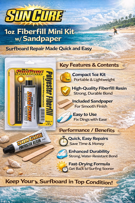 Sun Cure 1oz Fiberfill Mini Kit with Sandpaper - Quick Surfboard Repair