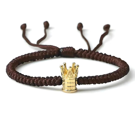 Luxury Braided Crown Bracelet – Adjustable Alloy Rope Bracelet with Diamond Detailing, Unisex Hand Rope for Men and Women (Black & Brown, Gold & Silver Accents)