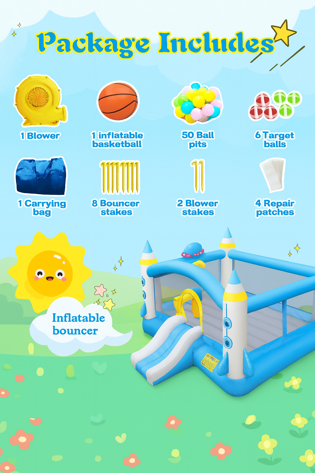 Multifunctional Jump And Slide Kids Inflatable Bouncer With Large 198 X 180 Playhouse And Blower by Wave & Hang