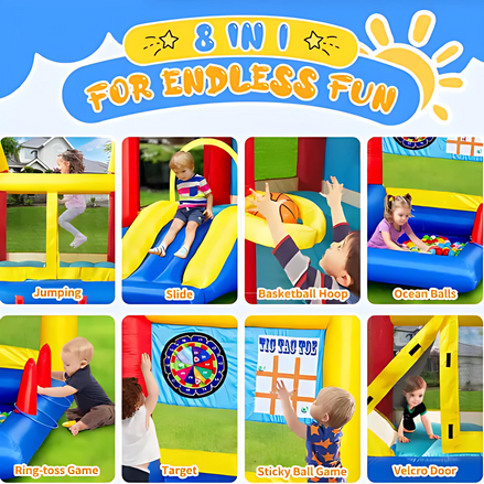 8-in-1 Inflatable Bounce House with Blower – Kids Jumping Castle with Basketball Hoop, Ocean Balls, Ring Toss, Sticky Ball Game & Target | Outdoor Fun Playhouse for Toddlers & Children