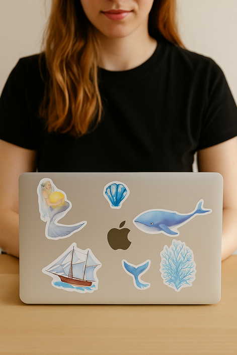 Yoksas Fifty Sticker Pack Ocean Blue Watercolor Marine Life Waterproof Vinyl Decals For Water Bottles And Laptops by Wave & Hang