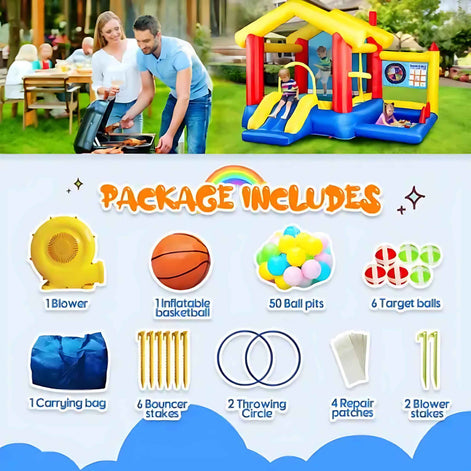 8-in-1 Inflatable Bounce House with Blower – Kids Jumping Castle with Basketball Hoop, Ocean Balls, Ring Toss, Sticky Ball Game & Target | Outdoor Fun Playhouse for Toddlers & Children