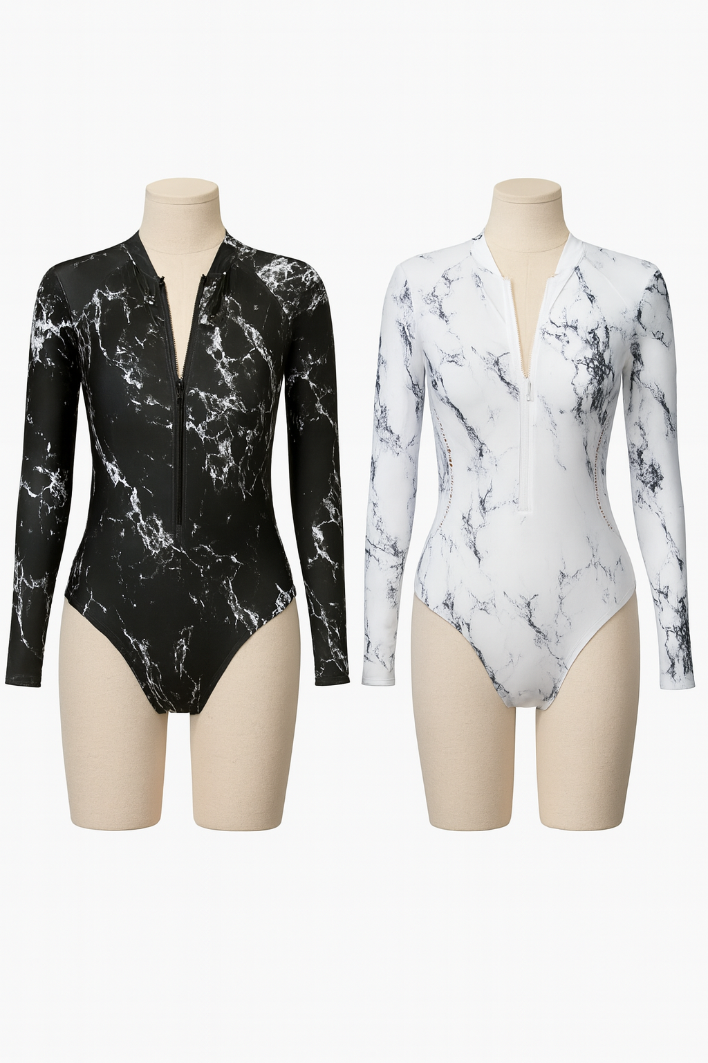 Surf Luxe – Long Sleeve Zipper Swimsuit | UV Protection One-Piece | Marble Black & Ocean White