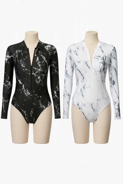 Surf Luxe – Long Sleeve Zipper Swimsuit | UV Protection One-Piece | Marble Black & Ocean White