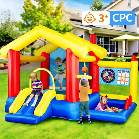 8-in-1 Inflatable Bounce House with Blower – Kids Jumping Castle with Basketball Hoop, Ocean Balls, Ring Toss, Sticky Ball Game & Target | Outdoor Fun Playhouse for Toddlers & Children