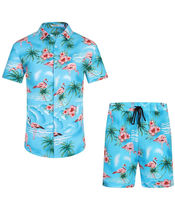 EISHOPEER Mens Hawaiian Outfits Short Sleeve Shirt and Shorts Casual Beach Vacation Sets Lake Blue Medium