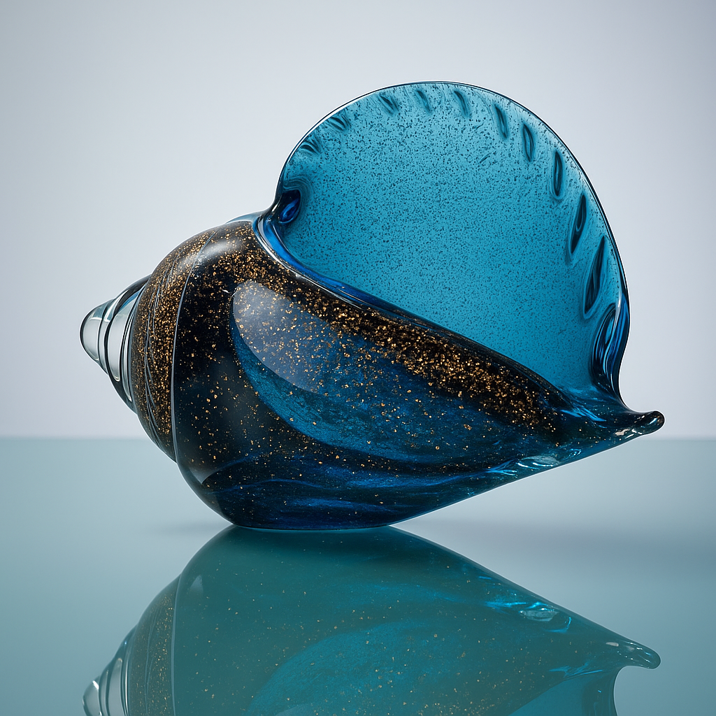 Elegant hand-blown glass conch in deep ocean blue with golden flecks, displayed on a reflective glass surface, luxury coastal-inspired decor piece.