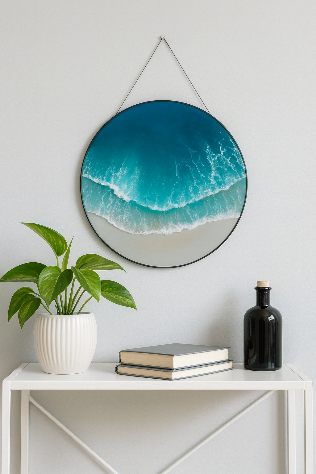 Round ocean wave acrylic wall art hanging on white wall above minimalist console with books, plant, and decorative bottle – coastal home décor. 🌊
