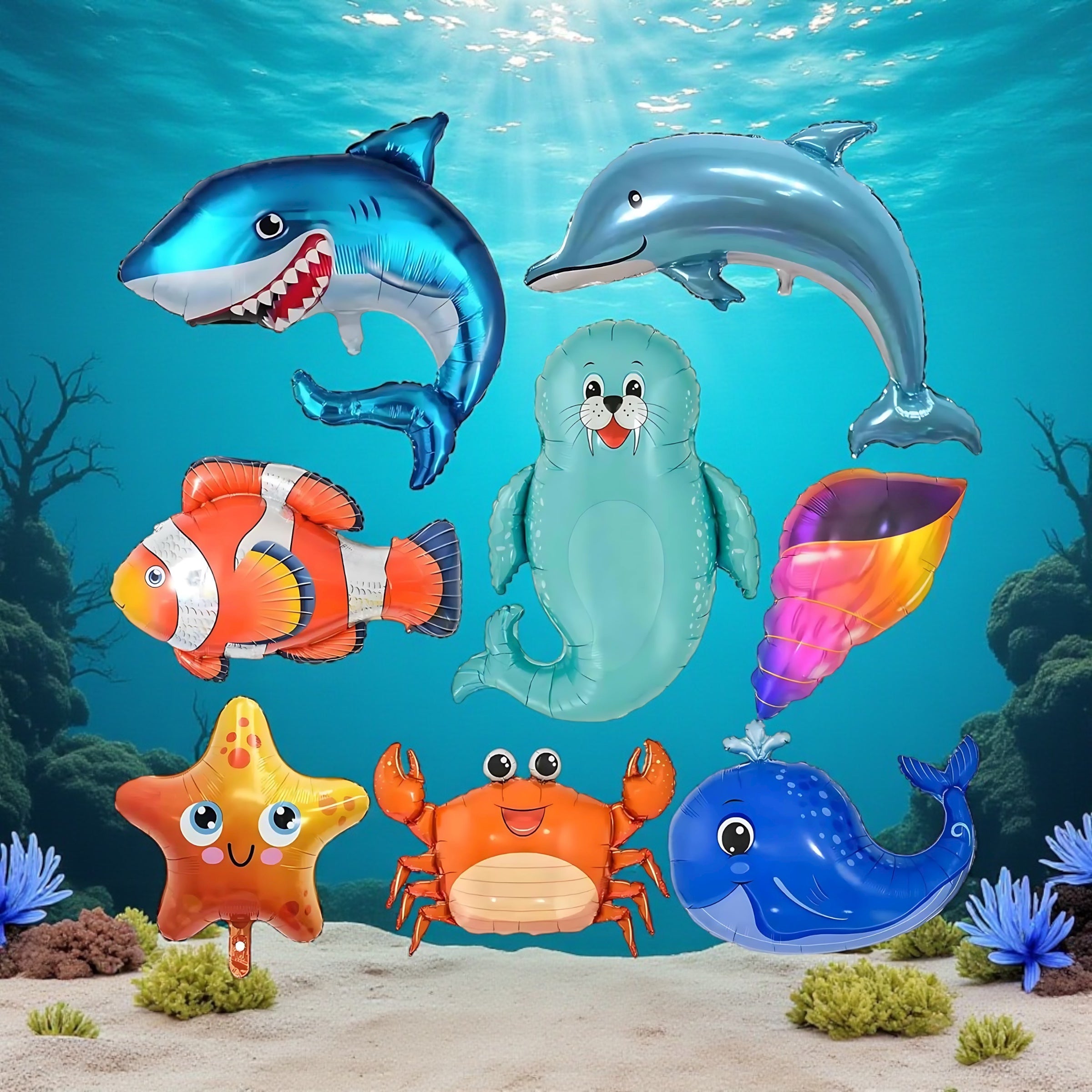 YiYou 8pc Sea Animal Foil Balloons Set Large Shark, Dolphin and Whale by Wave & Hang