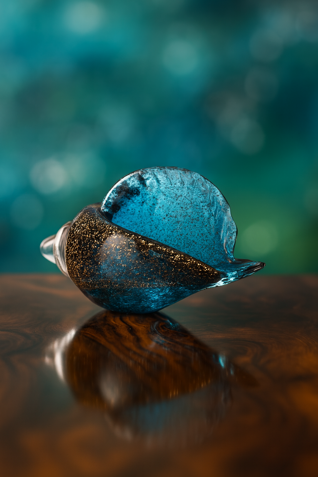 Hand-blown blue glass conch with golden details displayed on a polished wooden surface, ocean-inspired decor piece with blurred turquoise background.