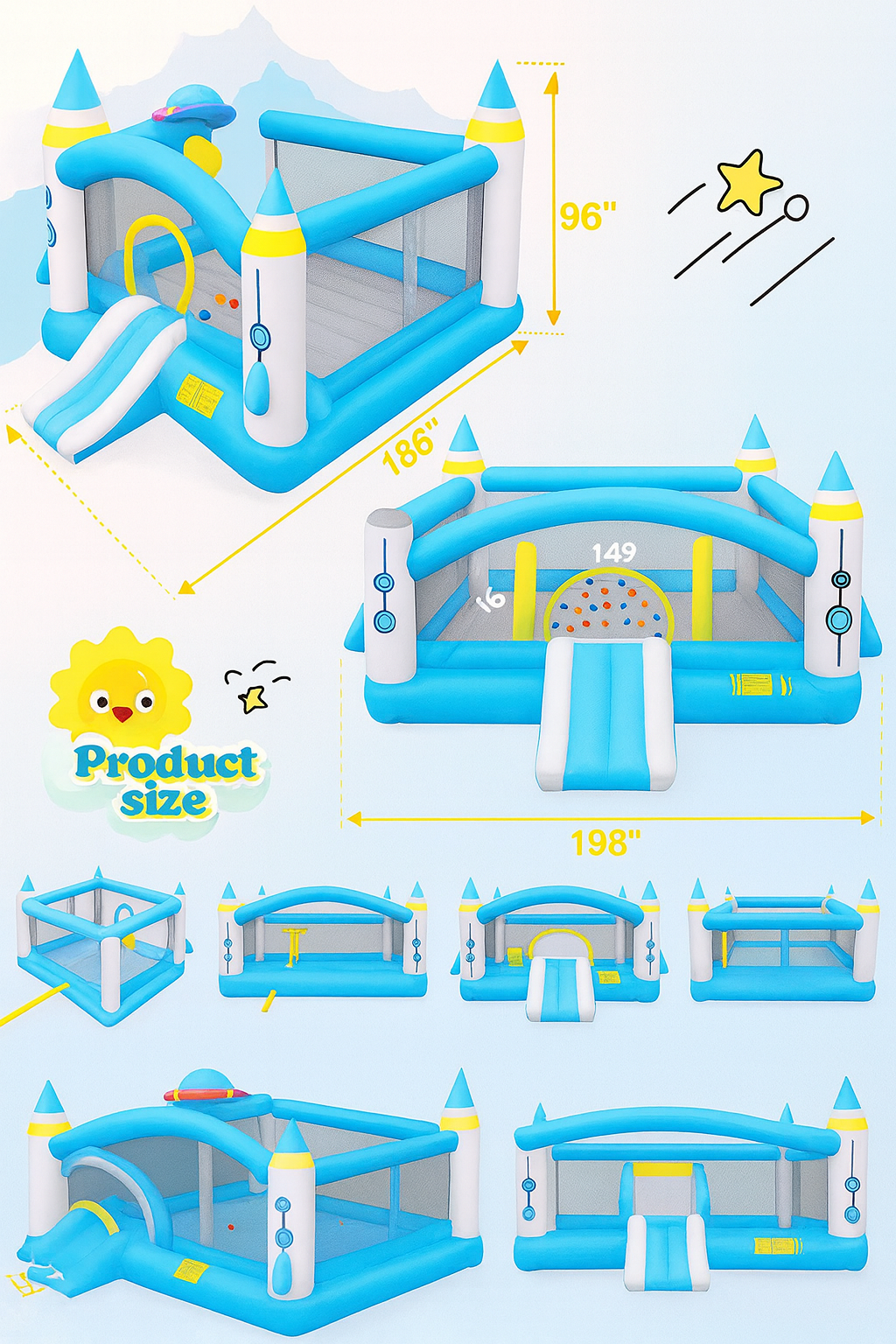 Multifunctional Jump And Slide Kids Inflatable Bouncer With Large 198 X 180 Playhouse And Blower by Wave & Hang