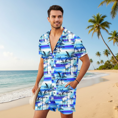AOBUTE Men's Tropical Print Hawaiian Shirt & Shorts Set - Summer Ready