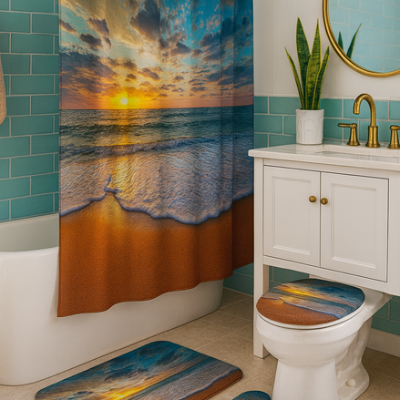 Coastal Sunset Beach Shower Curtain Set – 4-piece ocean wave bathroom decor with waterproof curtain, rugs, and toilet lid cover in tropical design.