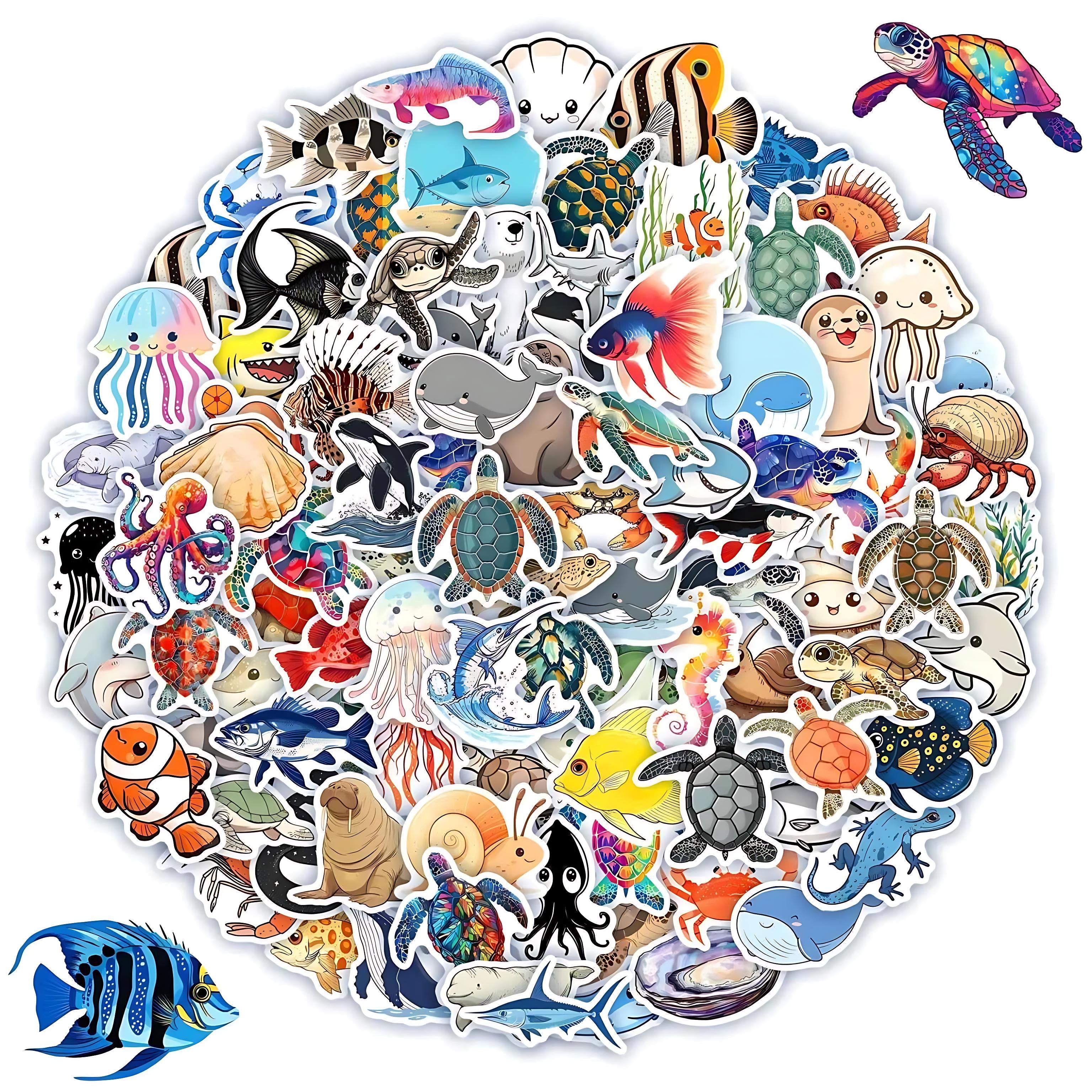 Ocean Stickers Pack 100 Waterproof Vinyl Sea Creatures For All Ages by Wave & Hang
