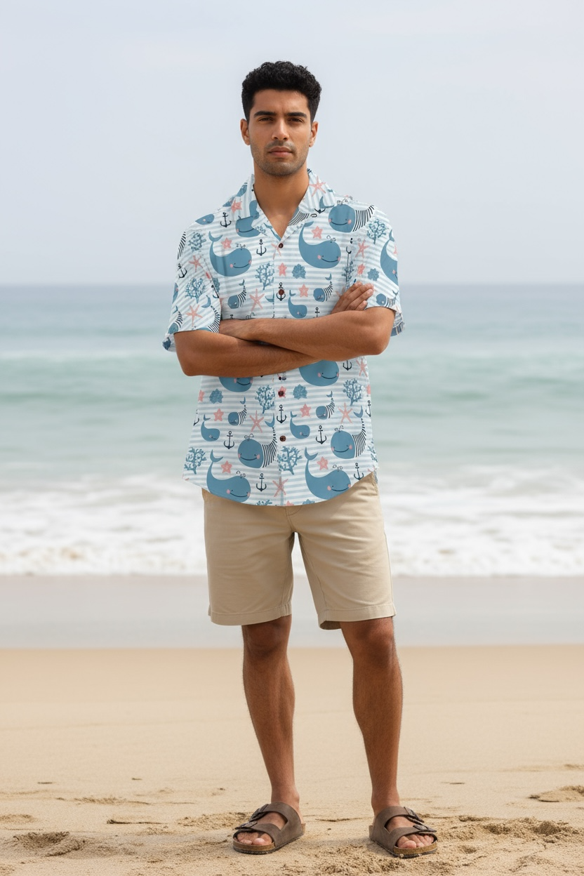 Visesunny Hawaiian Whale Shirt | Quick-Dry Beach Style for Men by Wave & Hang
