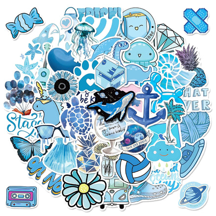 50 PCS Blue Ocean Style Doodle Stickers – Aesthetic Waterproof Vinyl Stickers for Laptops, Journals, Water Bottles, and Scrapbooking