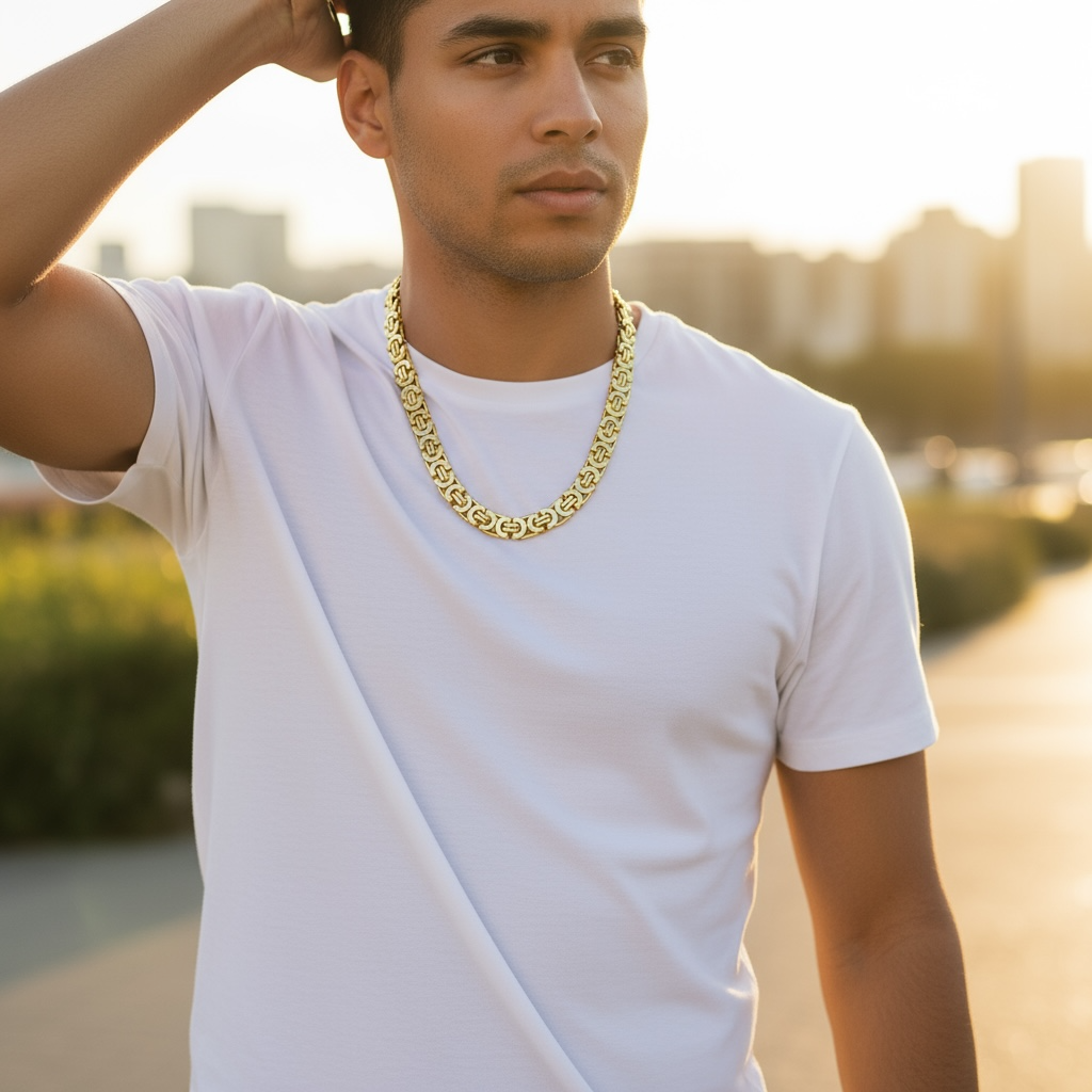 Byzantine Titanium Steel Necklace Set – Men’s Gold Chain Jewelry