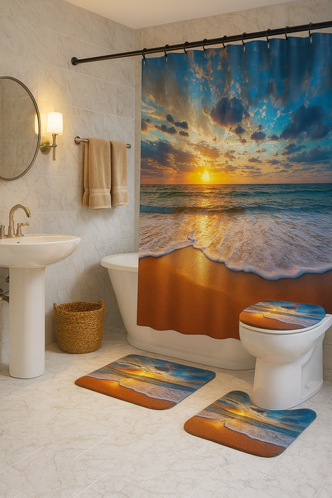 Sunset Beach Shower Curtain Set – ocean wave bathroom decor 4-piece set with waterproof curtain, non-slip rugs, and toilet lid cover in coastal style.