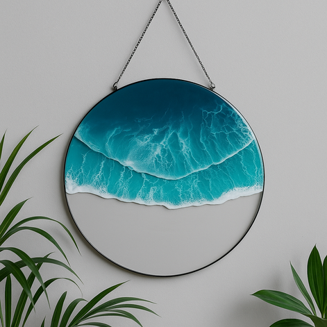 Round acrylic wall art featuring turquoise ocean waves with white foam, hanging on a gray wall between two green plants. 🌊