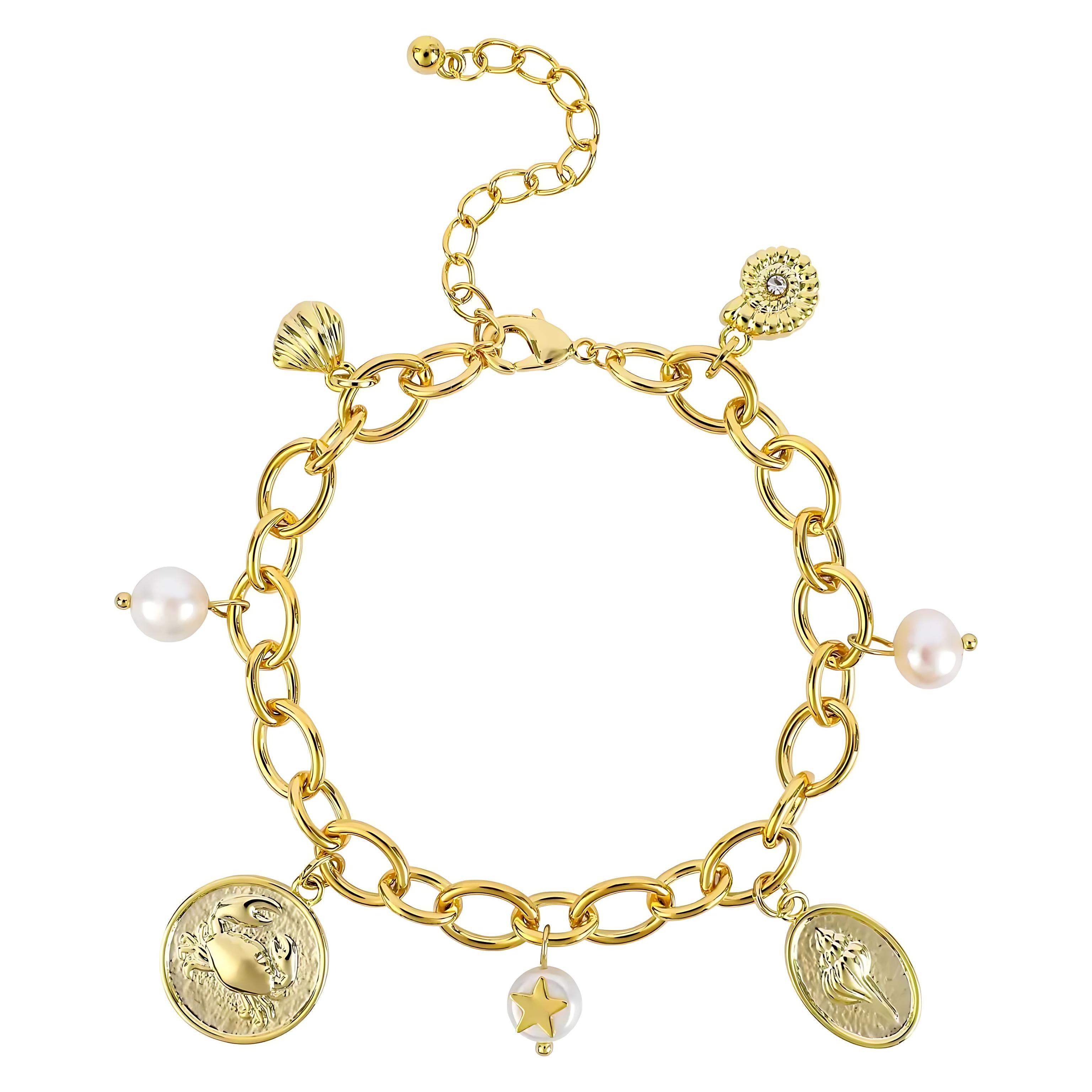 NEKOL Gold Ocean Charm Bracelet – 14K Gold Plated with Seashell & Pearl Charms by Wave & Hang