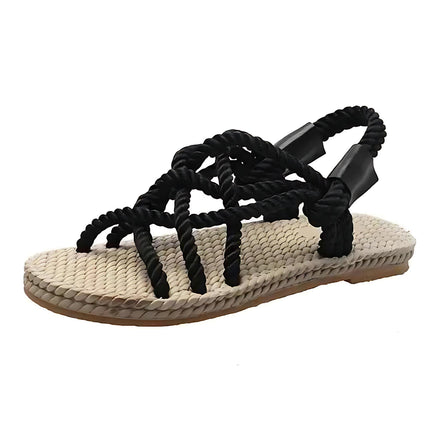 Woven Rope Women’s Sandals – Bohemian Casual Fashion Flats with Ankle Straps, Breathable Open-Toe Summer Sandals for Beach, Travel & Everyday Comfort (Black & Apricot)