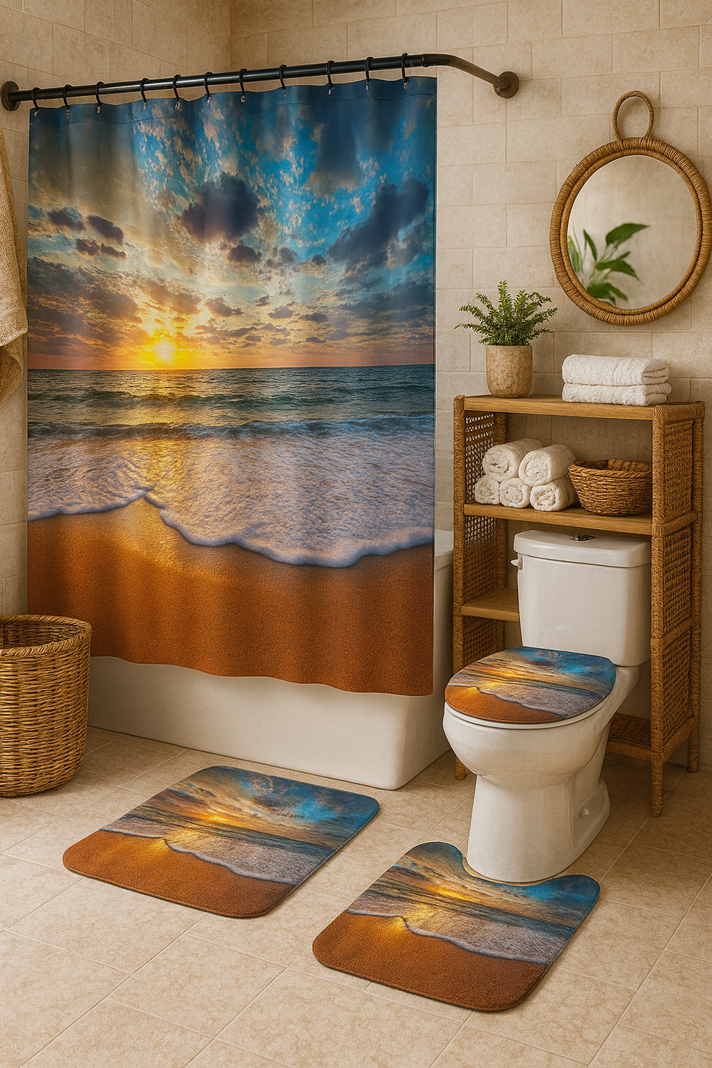 Sunset Beach Shower Curtain Set with ocean wave design – 4-piece bathroom decor including waterproof curtain, non-slip rugs, and toilet lid cover in tropical style.