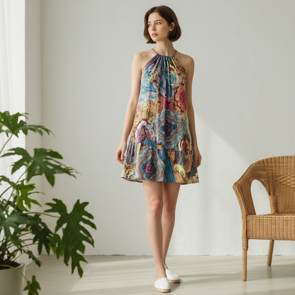 Bohemian Ocean Print Beach Dress – Summer Halter Sundress for Women by Wave & Hang