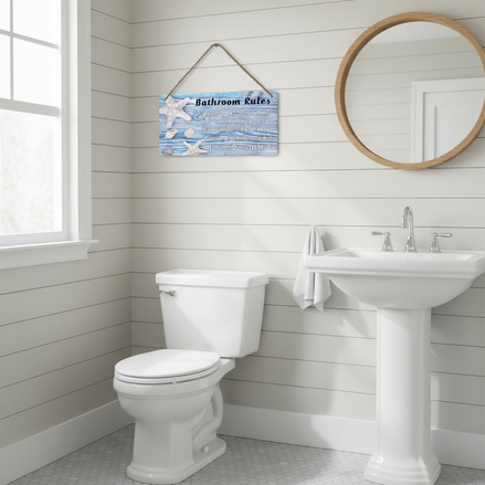 Beach Bathroom Wall Decor | Ocean Themed Wood Sign “Bathroom Rules” (12×6 in) by Wave & Hang