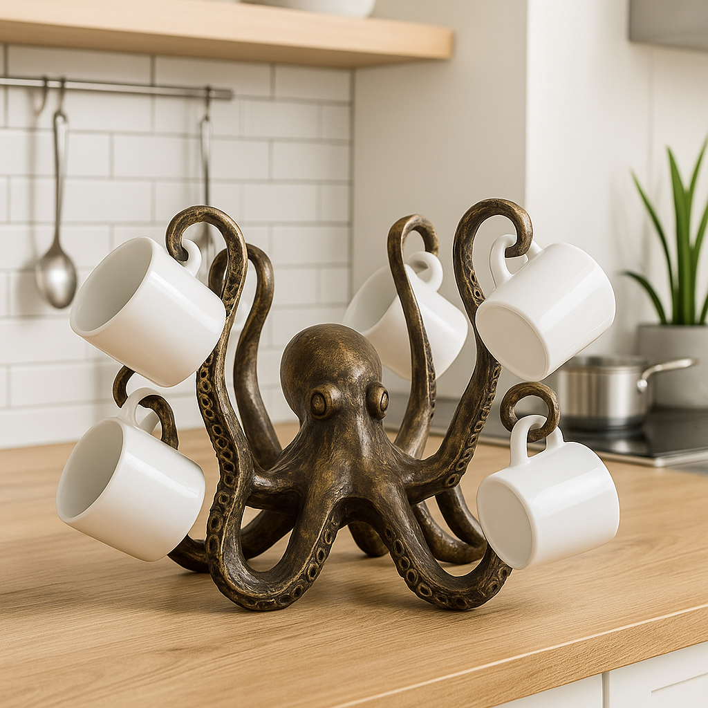 Resin octopus mug holder with bronze finish holding six white coffee cups, displayed on a modern wooden kitchen counter with coastal décor style.
