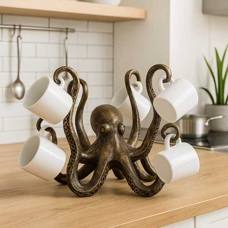 Resin octopus mug holder with bronze finish holding six white coffee cups, displayed on a modern wooden kitchen counter with coastal décor style.