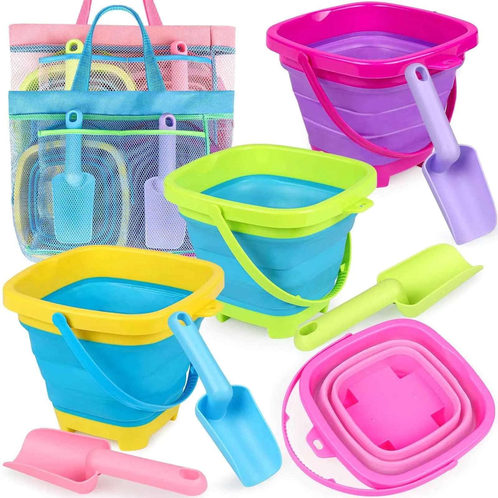 Collapsible Beach Bucket & Shovel Set with Mesh Bag – Foldable Sand Toys for Kids, Toddlers & Travel (4 Buckets)
