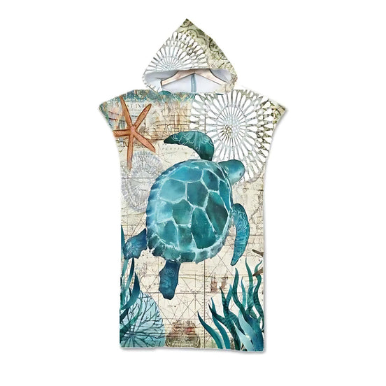 Ocean Print Hooded Beach Towels Family Pack Ultra Soft Microfiber Poncho Towels For Kids And Adults by Wave & Hang