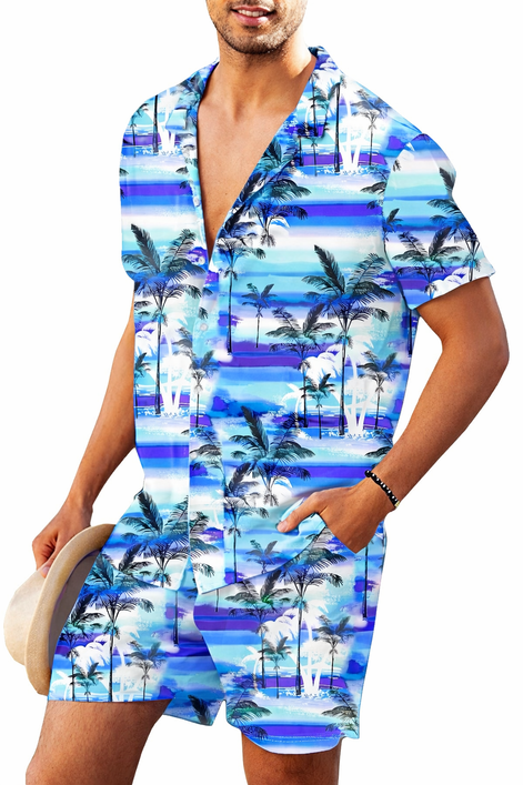 AOBUTE Men's Tropical Print Hawaiian Shirt & Shorts Set - Summer Ready
