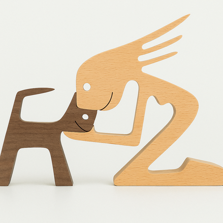 Wood Dog Sculpture – Handmade Wooden Figurine | Human & Dog Friendship Home Decor Gift for Pet Lovers