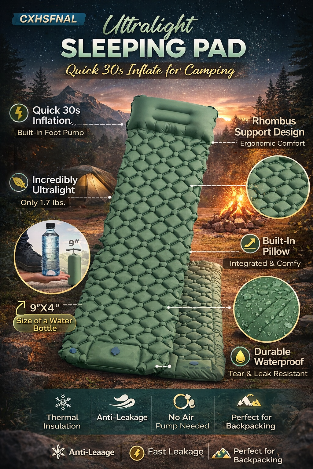 CXHSFNAL Ultralight Sleeping Pad – Quick 30s Inflate for Camping