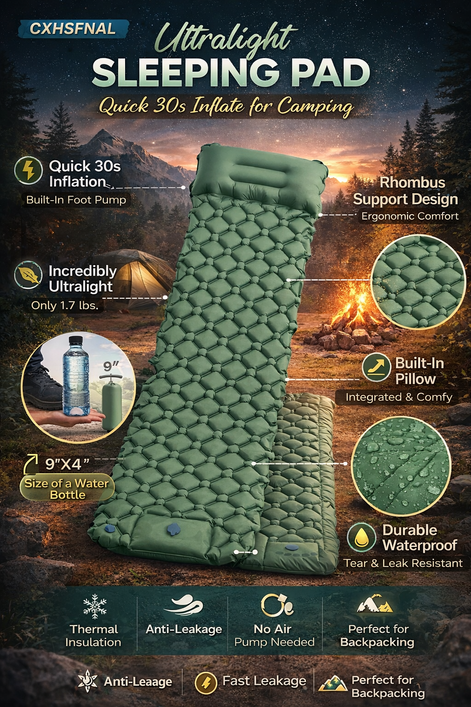 CXHSFNAL Ultralight Sleeping Pad – Quick 30s Inflate for Camping
