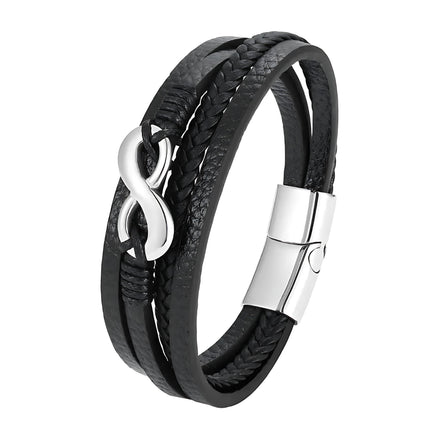 Men’s Digital 8 Multi-Layer Leather Bracelet – Modern Braided Rope Wristband with Magnetic Clasp in Gold, Black & Silver