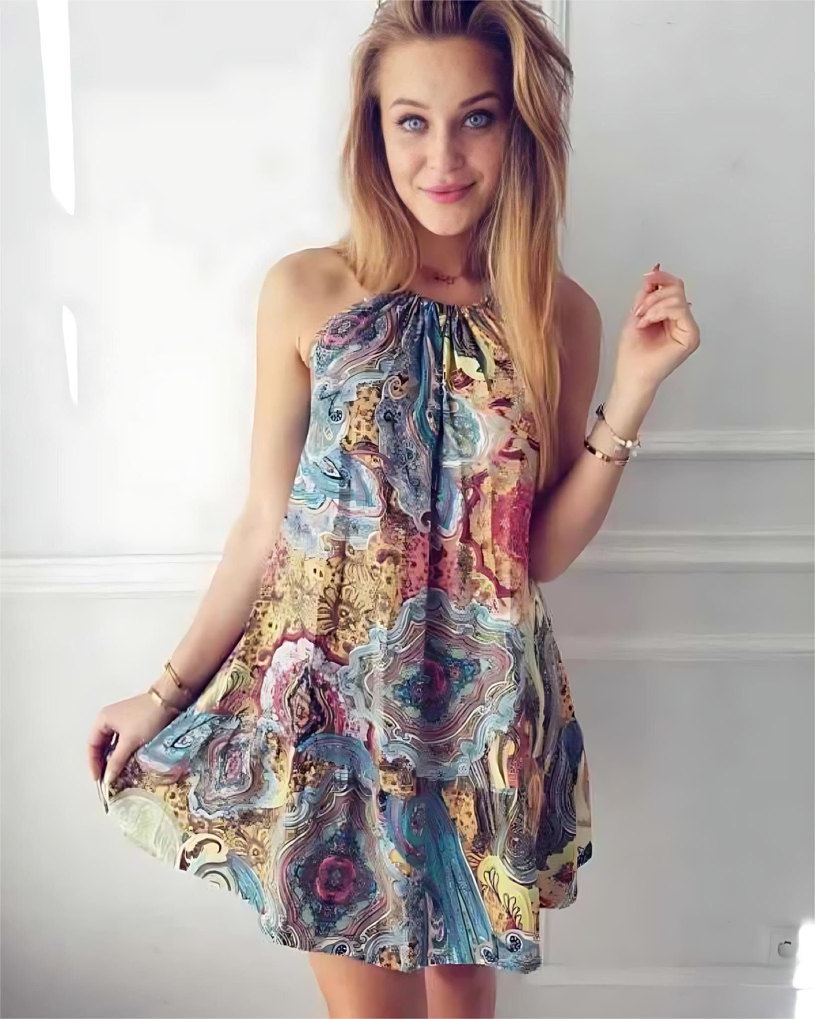 Bohemian Ocean Print Beach Dress – Summer Halter Sundress for Women by Wave & Hang