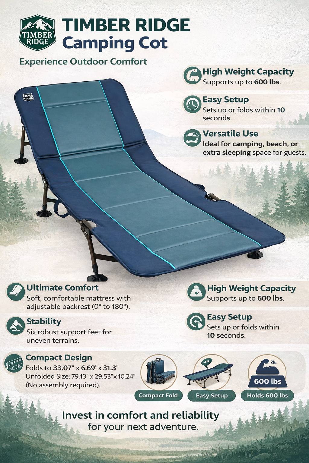 TIMBER RIDGE Camping Cot – Heavy Duty, Supports 600 lbs, Dark Blue