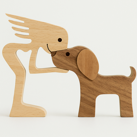 Wood Dog Sculpture – Handmade Wooden Figurine | Human & Dog Friendship Home Decor Gift for Pet Lovers