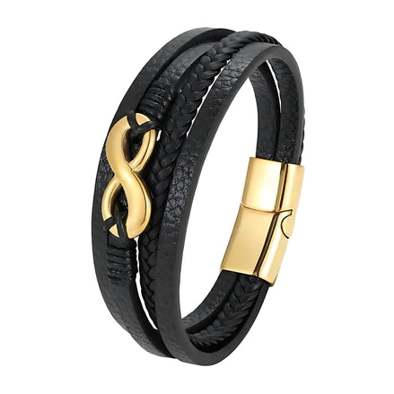 Men’s Digital 8 Multi-Layer Leather Bracelet – Modern Braided Rope Wristband with Magnetic Clasp in Gold, Black & Silver